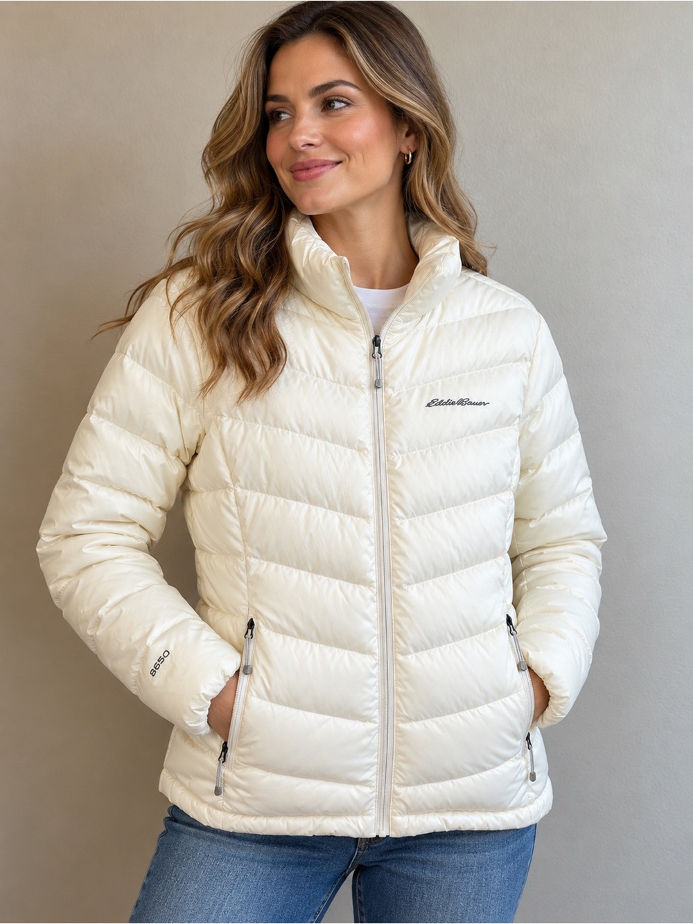 Eddie Bauer Down White Puffer Jacket Women’s Quilted Full Zip Lightweight